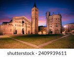 Parma, Italy. Cityscape image of old town Parma, Italy at beautiful autumn sunrise.