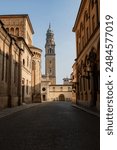 Parma, Italy: February 18, 2024: Historic Parma street showcasing iconic architectural landmarks