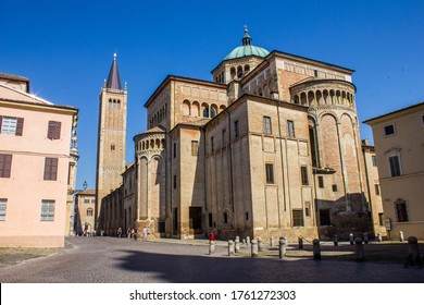 Parma, Italy - July 8, 2017: View of Parma Cathedral and Clock Tower on a Sunny Day