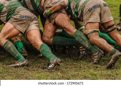 PARMA, ITALY - OCTOBER 12: Close Up Of Rugby Players Muddy Legs Pushing In A Scrum During The Italian Rugby League Match Parma Vs Treviso, In Parma, October 12, 2005.