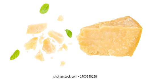 Parmesan cheese with basil leaves isolated on white background. - Shutterstock ID 1903550158