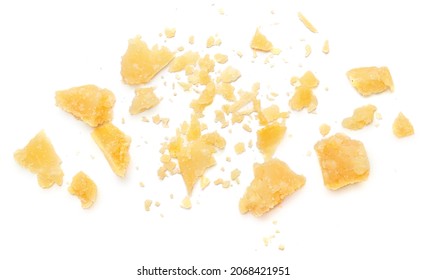 Parmesan Cheese  Crumbs (Parmigiano, Grana)  Isolated On White Background.  Flat Lay, Top View.
