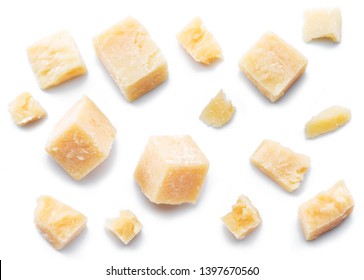 Parmesan Cheese Cubes And Parmesan Crumbs Isolated On White Background.