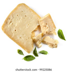 Parmesan Cheese With Fresh Basil Leaves, Isolated On White Background.  Overhead View.