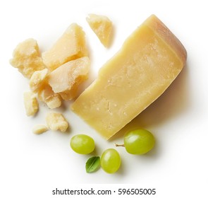 Parmesan Cheese And Grapes Isolated On White Backgroun. From Top View