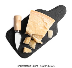 Parmesan cheese with knife and slate plate on white background, top view - Shutterstock ID 1924433591