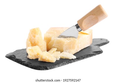 Parmesan cheese with knife and slate plate on white background - Powered by Shutterstock