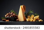 Parmesan cheese with olives and rosemary on a black background.