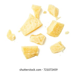 Parmesan Cheese Pieces On White Background. Top View.