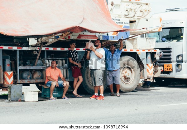 Parnamirim, Rio Grande do Norte, Brazil - May 25,\
2018 - Brazilian truck drivers partially block the highway BR-101\
during the fifth day of their nationwide strike over rising fuel\
costs