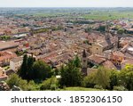 Parnoramic view of Soave, Italy, with the old town surrounded by its medieval walls 