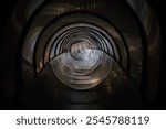 Parnu, Estonia - July, 25, 2024 - A view down a dark, twisting tubular slide tunnel with light reflections, creating a mesmerizing spiral effect as it narrows in the distance.