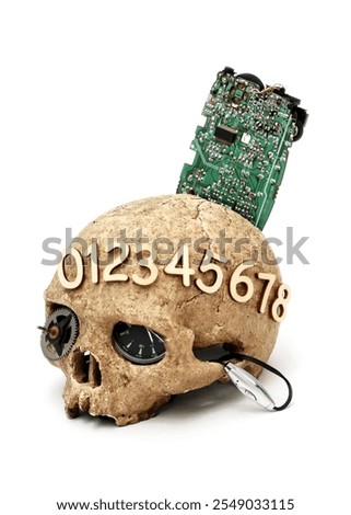 A parody of artificial intelligence. Human skull with a set of ridiculous things