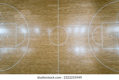 Parquet playing court for basketball, top view with ultra wide angle lens