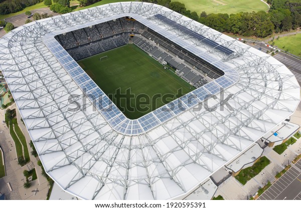 Parramatta, NSW, Australia - February 20, 2021.\
Close up aerial view of an empty Bankwest Stadium (now CommBank\
Stadium).