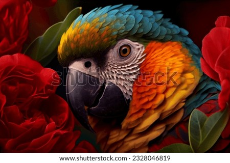 Parrot on the flower. Beautiful extreme close-up. 