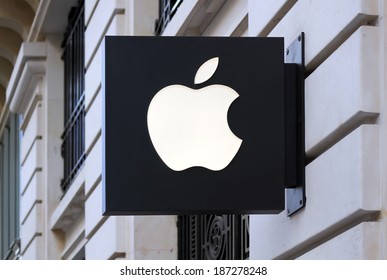 PARS, FRANCE - APR. 08: The Apple Macintosh symbol over the entrance of Apple store in Paris on Apr., 2014 in Paris, France.