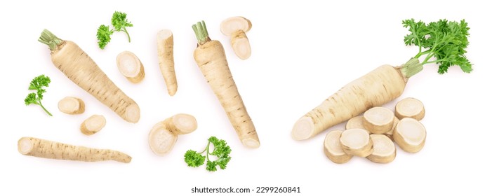 Parsley root with slices and leaves isolated on white background. Top view. Flat lay - Powered by Shutterstock