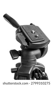 Part of adjustable prof camera tripod closeup isolated on white background