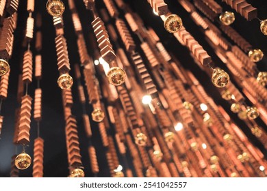 Part of Christmas decorative yellow, golden, white flashing lights, close up. Detail of New Year and Christmas decorations, string rice lights bulbs. Ornaments to christmas celebration, holiday scene. - Powered by Shutterstock