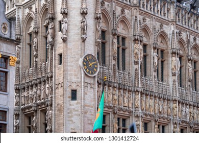 A Part With A Clock Of  Brussels Grand Palace Building During Flower Carpet, Brussels, Belgium - August 2018