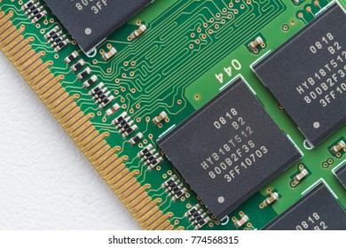 A part of computer RAM memory module. Closeup, top view