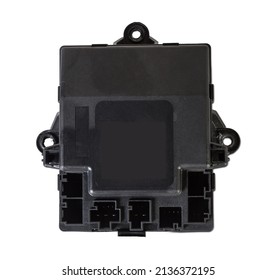 A Part With A Connector From A Car On A White Isolated Background Is A Plastic Electronic Control Unit For Replacement And Repair. Spare Parts Catalog For Sale.