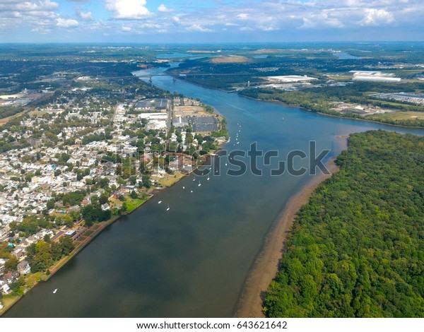 A part of Delaware River\
which divides Philadelphia and New Jersey states in the USA -\
aerial view 
