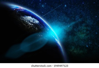 Part Of Earth With Sun Rise And Lens Flare Over The Milky Way Background, Internet Network Concept, Elements Of This Image Furnished By NASA