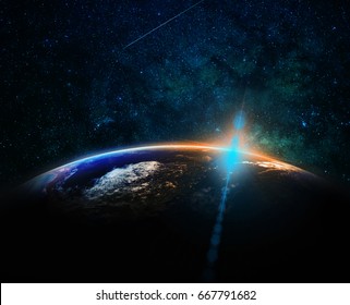 Part Of Earth With Sun Rise And Lens Flare Over The Milky Way Background, Internet Network Concept, Elements Of This Image Furnished By NASA