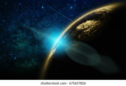 Part Of Earth With Sun Rise And Lens Flare Over The Milky Way Background, Internet Network Concept, Elements Of This Image Furnished By NASA