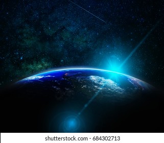 Part Of Earth With Sun Rise And Lens Flare Over The Milky Way Background, Internet Network Concept, Elements Of This Image Furnished By NASA