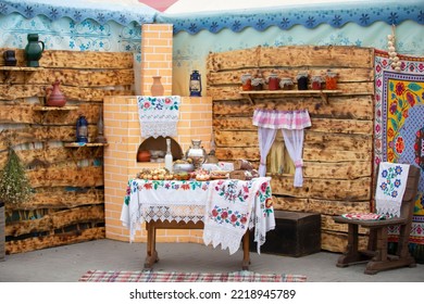 Part Of Ethnic Slavic Ukrainian Or Belarusian Interior With National Food.