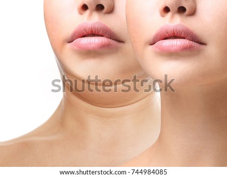 Part of face, woman with the double and perfect chin isolated on white background Beauty concept.