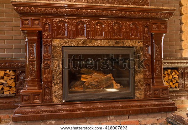 Part Fireplace Made Ceramic Tiles Fireplace Stock Photo Edit Now