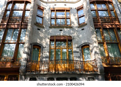part of front facade - Art Nouveau Solvay Hotel  by Victor Horta, UNESCO World Heritage, Avenue Louise, Brussels, Belgium, Europe - Shutterstock ID 2100426394