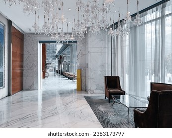 Part of Hotel lobby interior, modern style.Marble walls and floors, clean and tidy, hotel lobby and office as well as hospital lobby and other concepts.