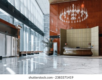 Part of Hotel lobby interior, modern style.Marble walls and floors, clean and tidy, hotel lobby and office as well as hospital lobby and other concepts.