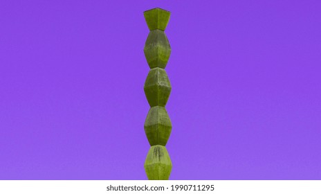 Part of the Infinity Column isolated on a purple background. Abstract stone sculpture of the famous sculptor Constantin Brancusi. Targu Jiu, Romania, June 10, 2021