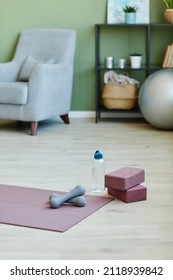 Part Of Living-room In Modern Flat Or House With Sports Gear On The Floor And Armchair, Shelf And Fitness Ball On Background