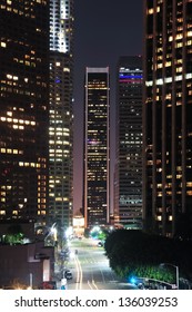 Part Of The Los Angeles Skyline At Night With Empty Street.