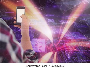 Part of a man texting on interface