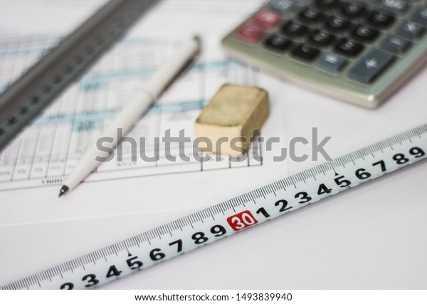 Part Measure Tape Calculator Pen Rubber Stock Photo Edit Now