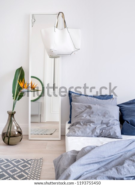 Part Modern Minimalist Bedroom Perspective View Stock Photo