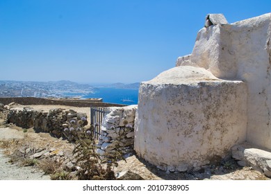 part of an old building on the hills with view to Chora of Mykonos island - Powered by Shutterstock