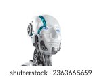 Part of one separated AI robot head 3D rendering with digital graphic brain engine inside isolated on white background with clipping path