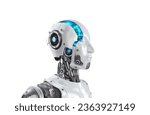 Part of one separated robot head 3D rendering with digital graphic brain engine inside isolated on white background with clipping path