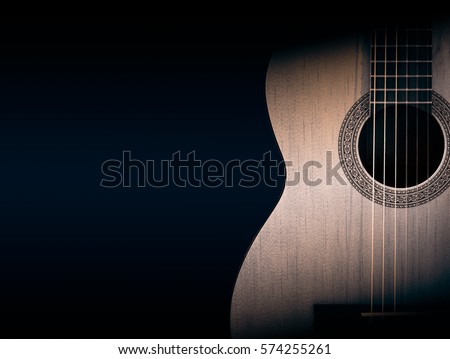 Part of a orange acoustic guitar on black background.
