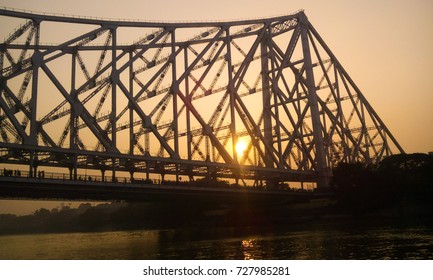 Part Of Rabindra Setu Over Hooghly River During Sunset