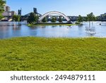 part of raspberry island regional park  submerged under mississippi river floodwaters with bandshell visible and robert street bridge behind it